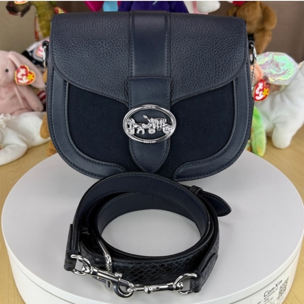 Coach Navy Saddle Bag Suede Pebbled Leather w/Snakeskin Embossed Strap EUC